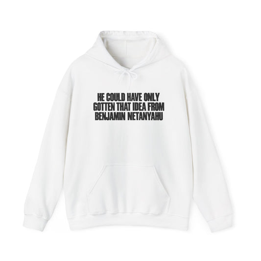 Political Quote Hoodie - 'He Could Have Only Gotten That Idea From Benjamin Netanyahu' Graphic Pullover