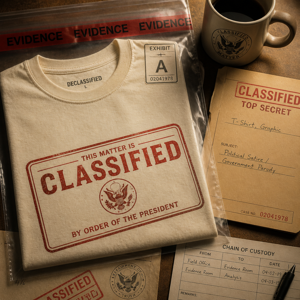 Exhibit A — fan T-shirt design on aged dossier paper